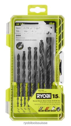 accessoires ch RYOBI 15 pièces. Jeu de forets à oxyde noir à tige ronde 24XXL4786